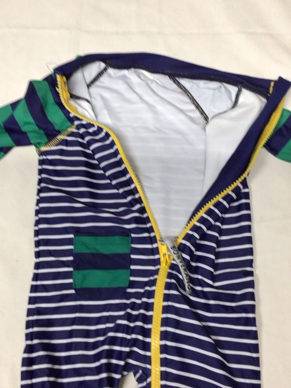 Kids' Navy & White Striped One-Piece with Green Accents.  Wetsuit please read